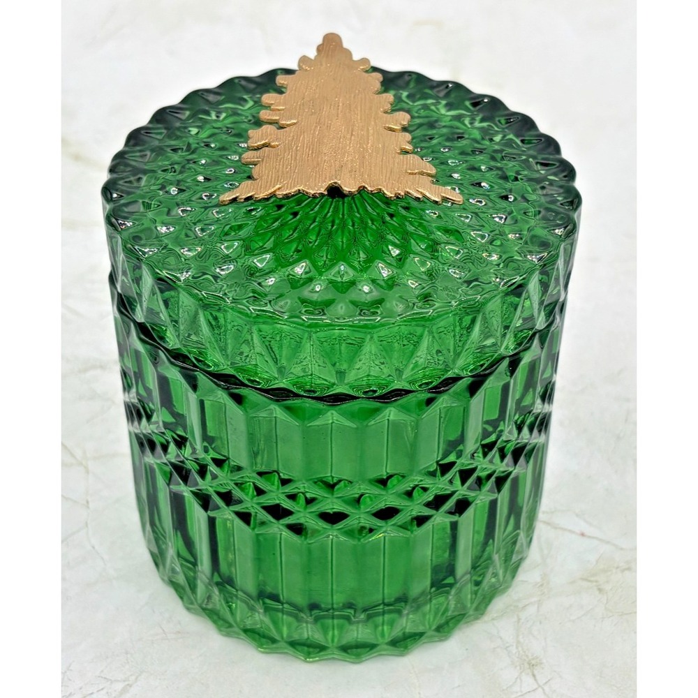 Emerald Green Embossed Glass Candle Holder Empty Jar Golden Fir Tree Lid Trinket